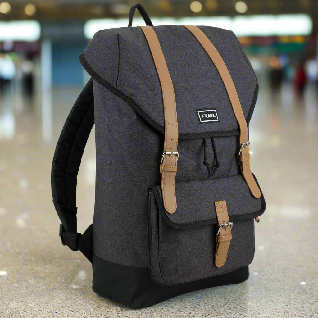 Fuel Top Flap Over Backpack With Coco Leather-Like Trim and Magnetic Snap Closure in Black Chambray