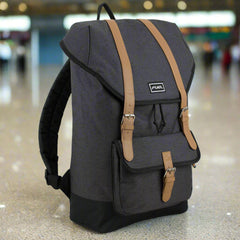 Fuel Top Flap Over Backpack With Coco Leather-Like Trim and Magnetic Snap Closure in Black Chambray