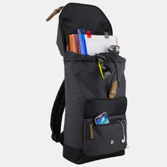 Fuel Top Flap Over Backpack With Coco Leather-Like Trim and Magnetic Snap Closure in Black Chambray
