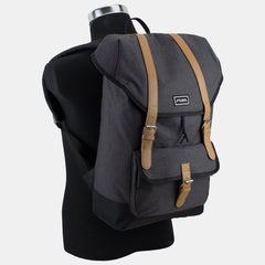 Fuel Top Flap Over Backpack With Coco Leather-Like Trim and Magnetic Snap Closure in Black Chambray